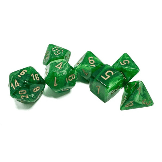 Chessex - Vortex Polyhedral 7 Dice Set - Green with Gold - Loaded Dice