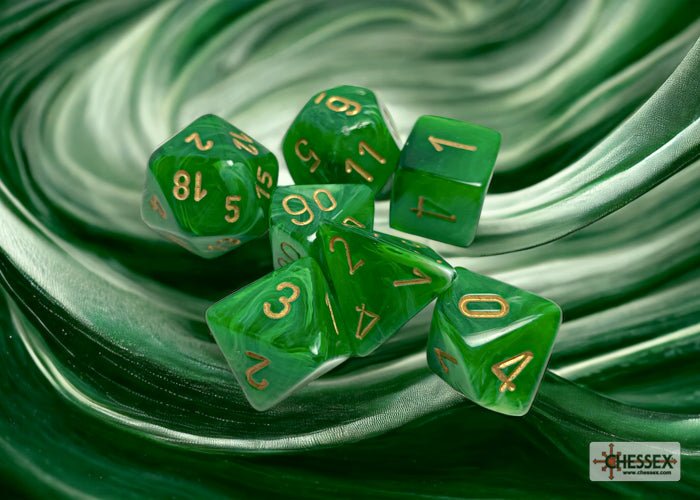 Chessex Vortex Green with Gold dice set on a swirling green fabric backdrop
