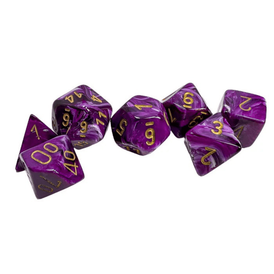 Chessex - Vortex Polyhedral 7 Dice Set - Purple with Gold - Loaded Dice