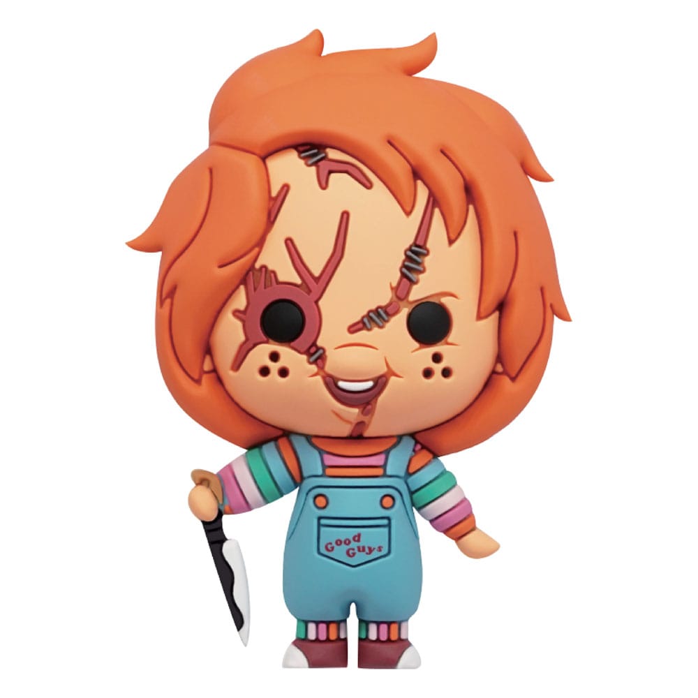 Child's Play Chucky magnet, a chibi-style Chucky with stitched scars, striped top and dungarees, holding a knife