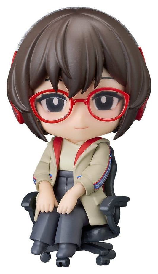 Good Smile Company Nendoroid Satone figure from Chill with You: Lo-Fi Story in red glasses on a desk chair