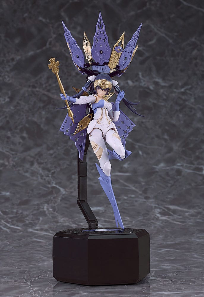 Chitocerium I-hydra model kit posed on a stand arm with staff raised, angled view