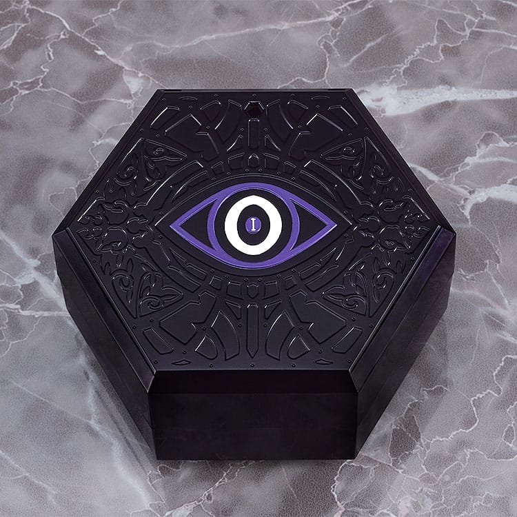 Closed black hexagonal Chitocerium I-hydra box with purple eye emblem on the lid