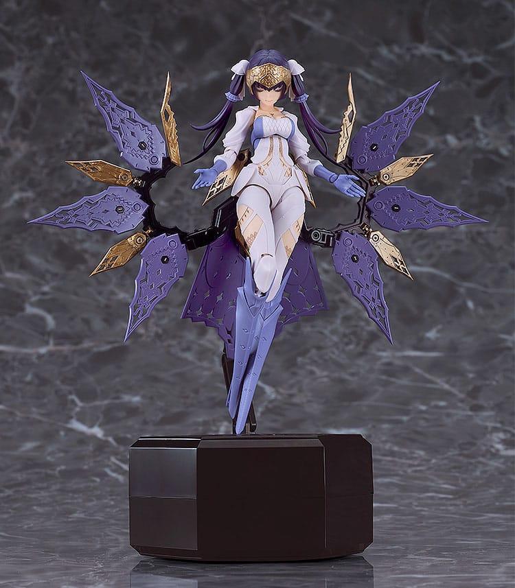 Chitocerium I-hydra model kit with purple wing panels spread wide behind her, front view