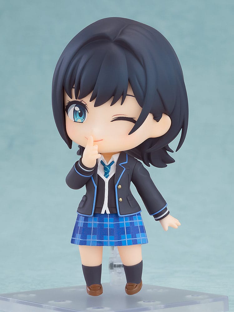 Yuzuki Nanase Nendoroid winking with a finger to her lips on a display stand