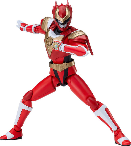 Max Factory Plamatea Sazer Tarious kit built, red armoured hero in wide action stance