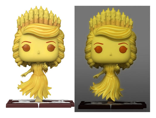 Funko Pop! Ghost of Christmas Past figure in gold, shown in normal light and glowing