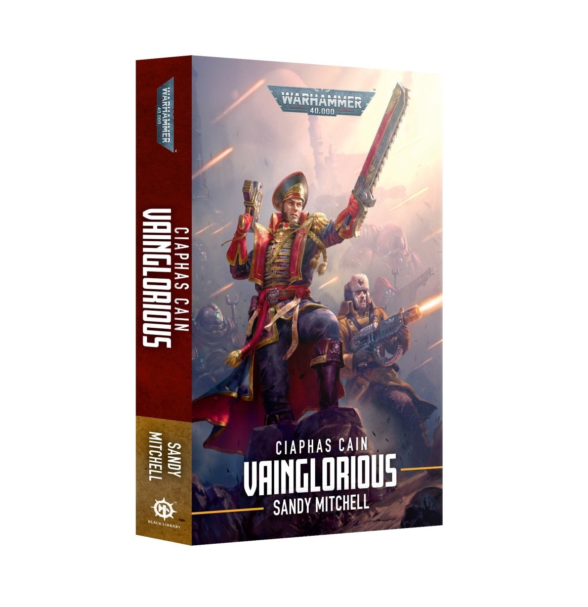 Ciaphas Cain: Vainglorious Warhammer 40,000 paperback by Sandy Mitchell, a commissar on the cover