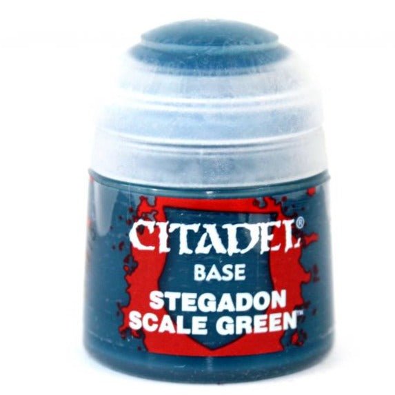 Citadel Colour Base Stegadon Scale Green 12ml paint pot, a deep blue-green