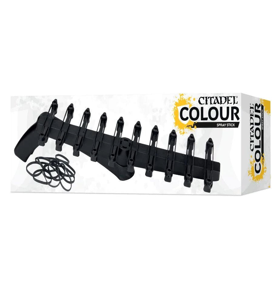 Citadel Colour Spray Stick in its box, a black rotating priming handle with elastic bands