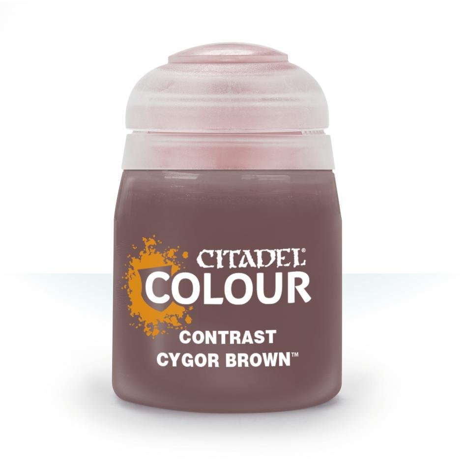 Citadel Contrast Cygor Brown 18ml paint pot with warm brown paint and Citadel Colour label