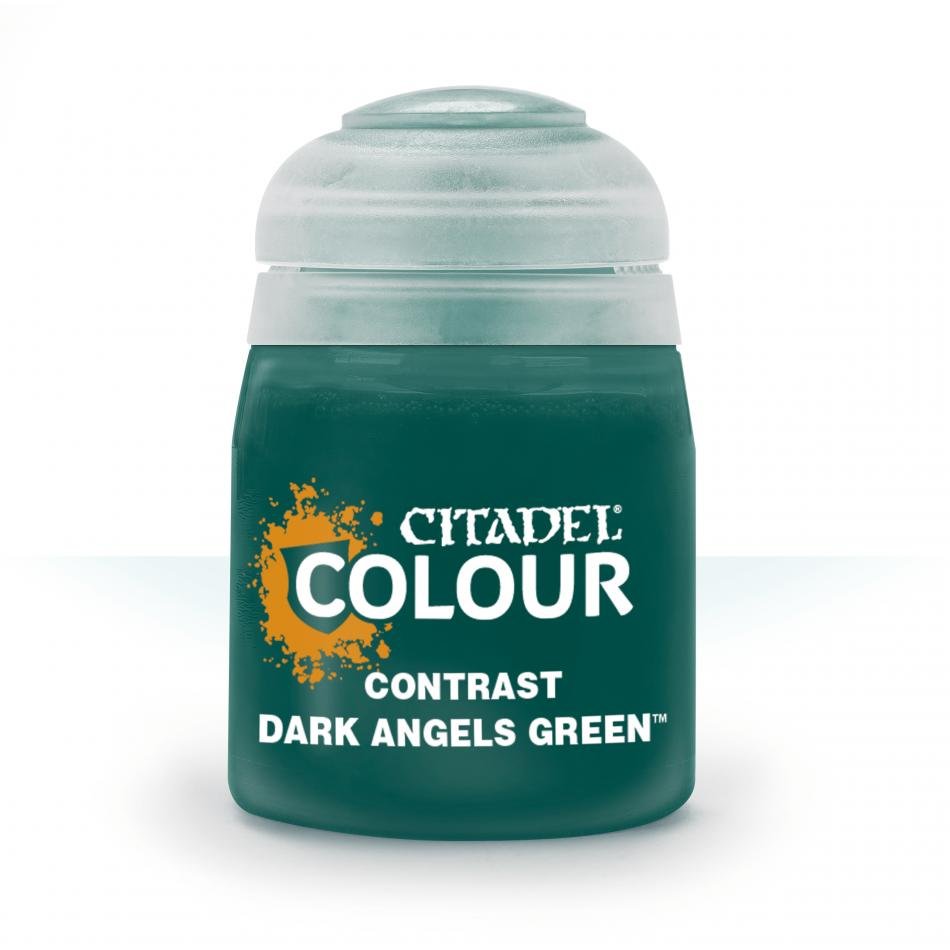 Citadel Contrast Dark Angels Green 18ml paint pot with deep green paint and Citadel Colour label