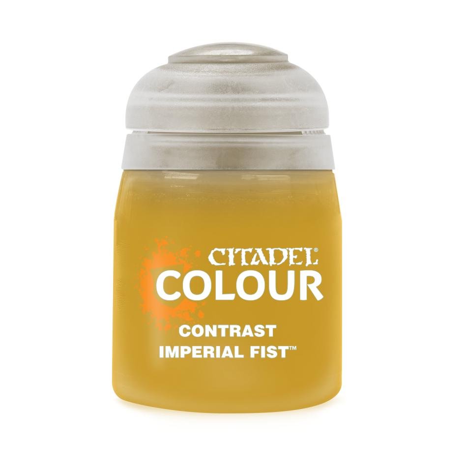 Citadel Contrast Imperial Fist 18ml paint pot, a bright golden yellow