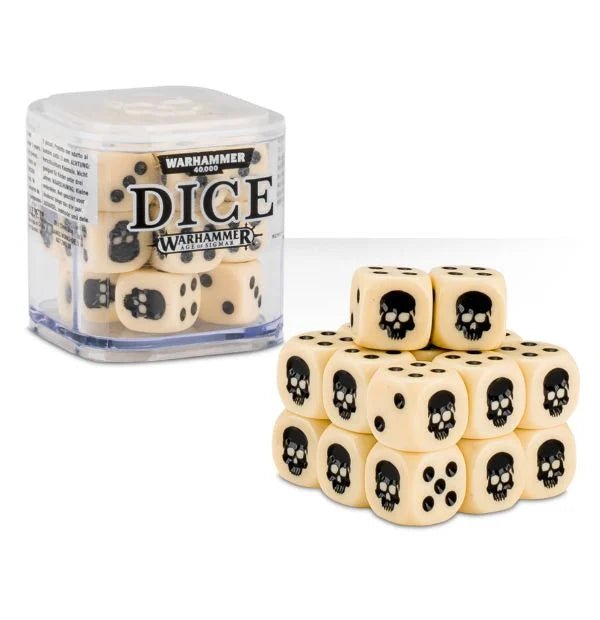 Citadel Dice Cube in bone with twenty ivory 12mm dice with black pips and skull