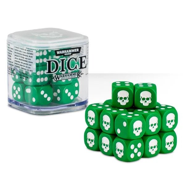 Citadel Dice Cube in green with twenty 12mm green dice with white skull and pips