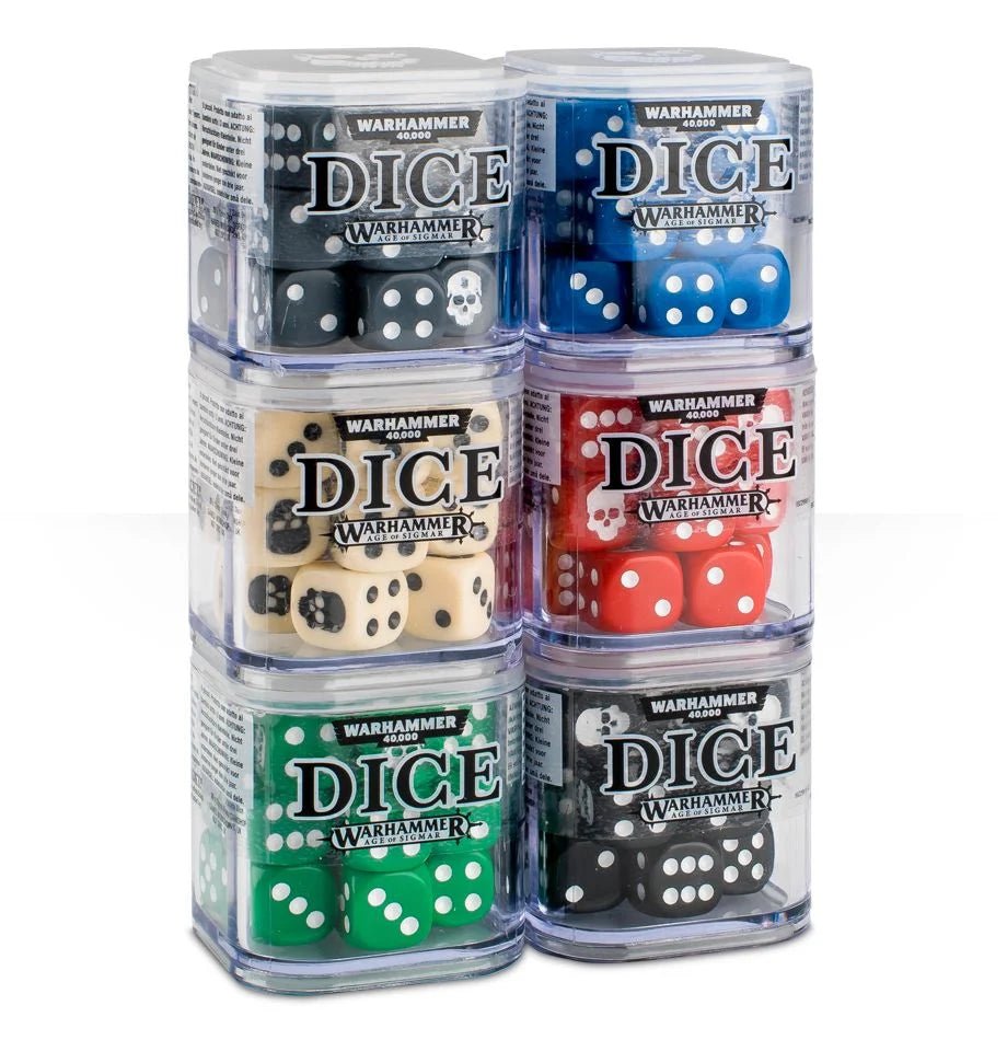 Stack of six Games Workshop Citadel Dice Cubes in black, blue, bone, red, green and grey