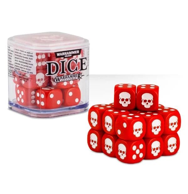 Citadel Dice Cube in red with twenty 12mm red dice with white skull on the one face