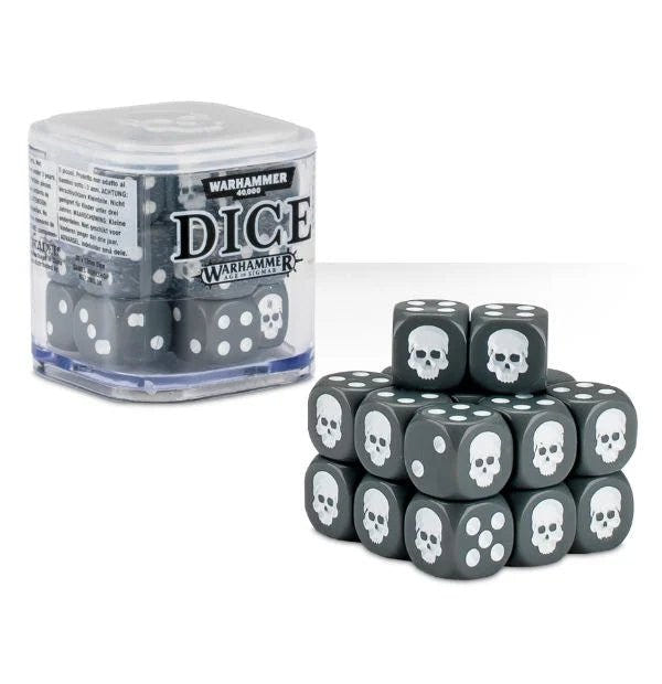 Citadel Dice Cube in grey with twenty 12mm grey dice with white skull and pips