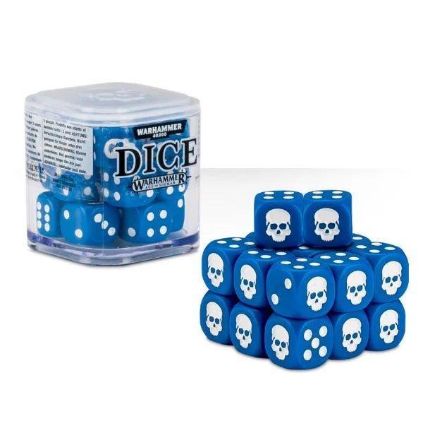 Citadel Dice Cube in blue with twenty 12mm blue dice with white skull markings