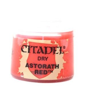 Citadel Dry Astorath Red 12ml pot, close-up of the label with rich red paint around it