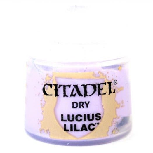 Citadel Dry Lucius Lilac 12ml pot, close-up of the label with pale lilac paint around it