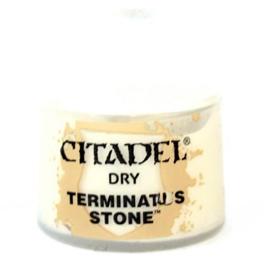 Citadel Dry Terminatus Stone 12ml pot, close-up of the label with sandy stone paint around it