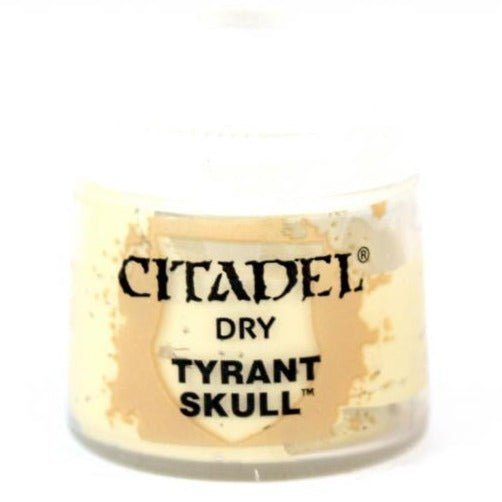 Citadel Dry Tyrant Skull 12ml paint pot, close-up of the label, Games Workshop
