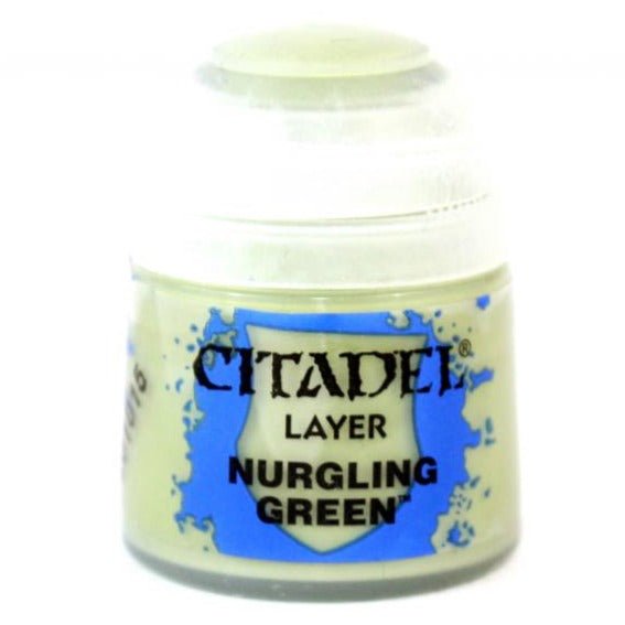 Citadel Layer Nurgling Green 12ml paint pot with blue label, front view