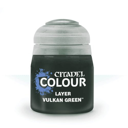 Citadel Colour Layer Vulkan Green 12ml paint pot with dark green paint and grey lid