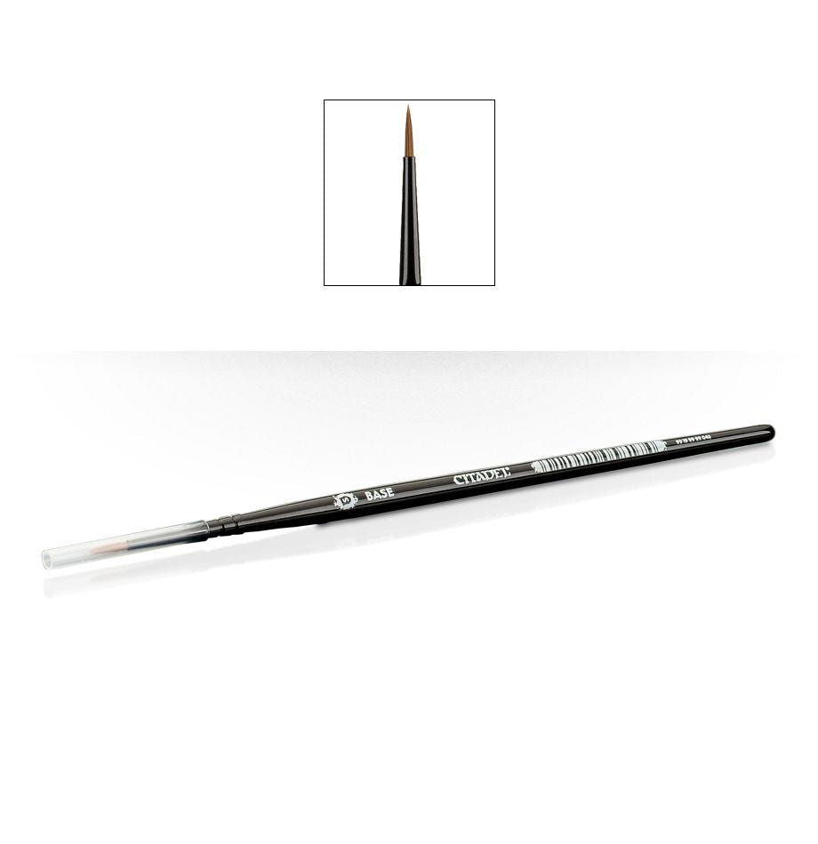 Citadel Small Base Brush with black handle, inset close-up of the bristle tip