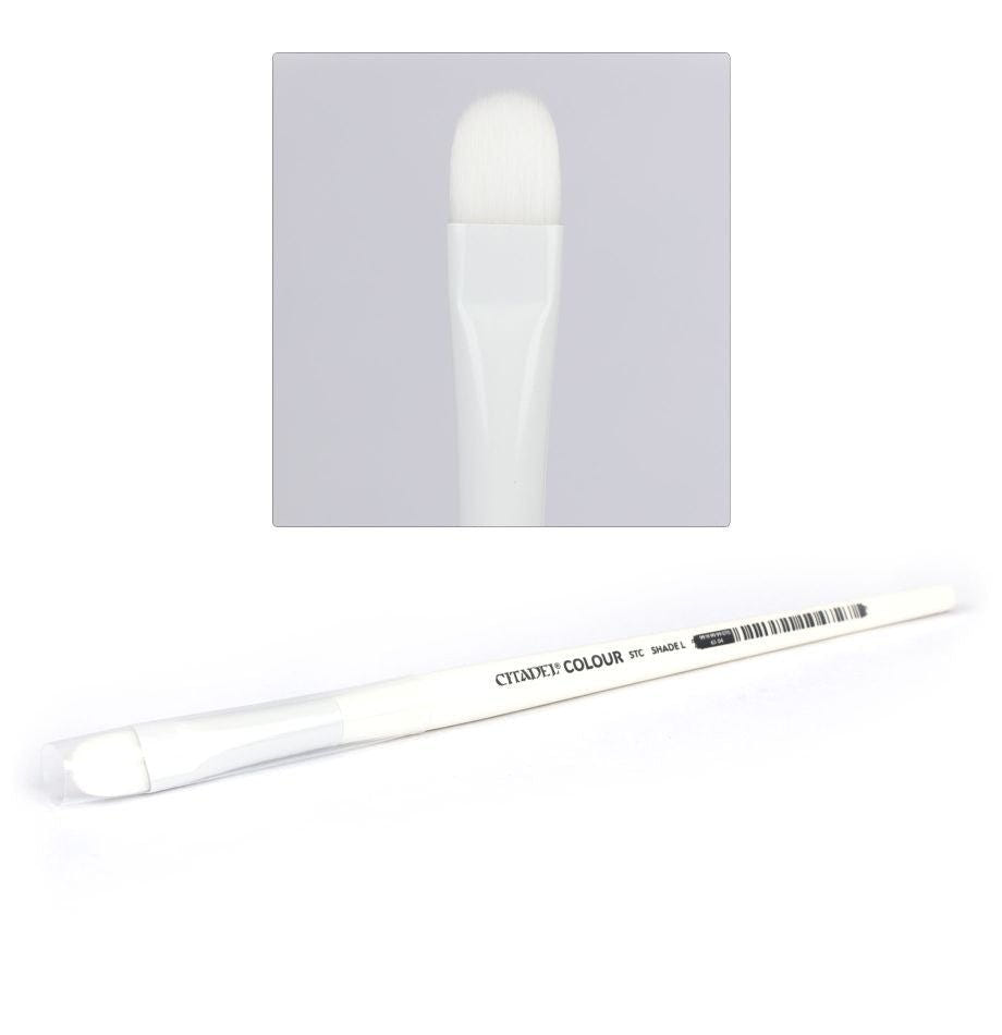 Games Workshop Citadel Large Synthetic Shade Brush with close-up of its broad white head