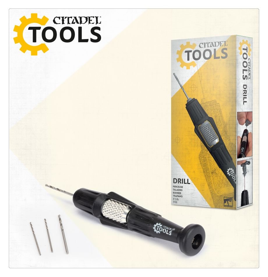 Citadel Tools hand drill with three spare bits beside its retail box, Games Workshop