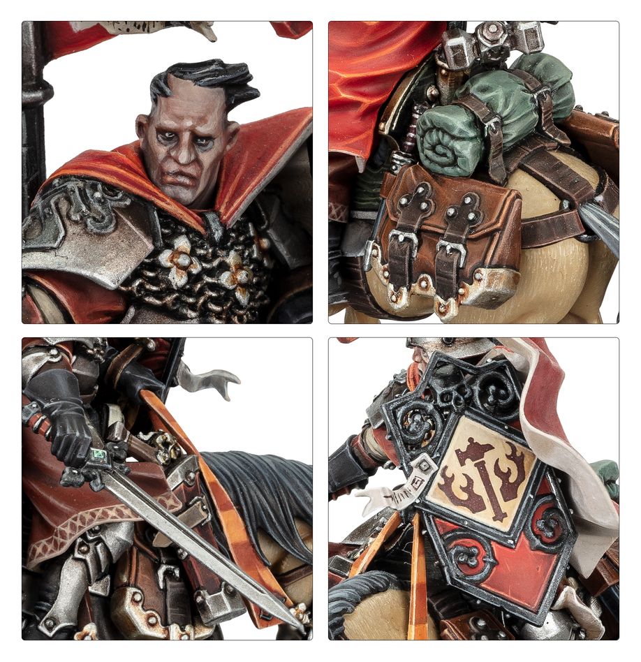 Close-ups of the painted Cavalier-Marshal: bare head, saddlebags, sword and heraldic horse barding