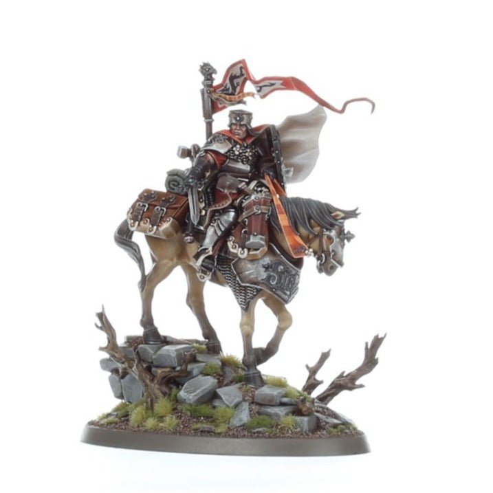 Painted Cities of Sigmar Freeguild Cavalier-Marshal mounted model, three-quarter side view