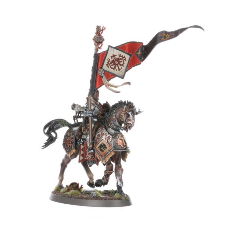 Painted Freeguild Cavalier standard bearer with a red pennant on a charging horse