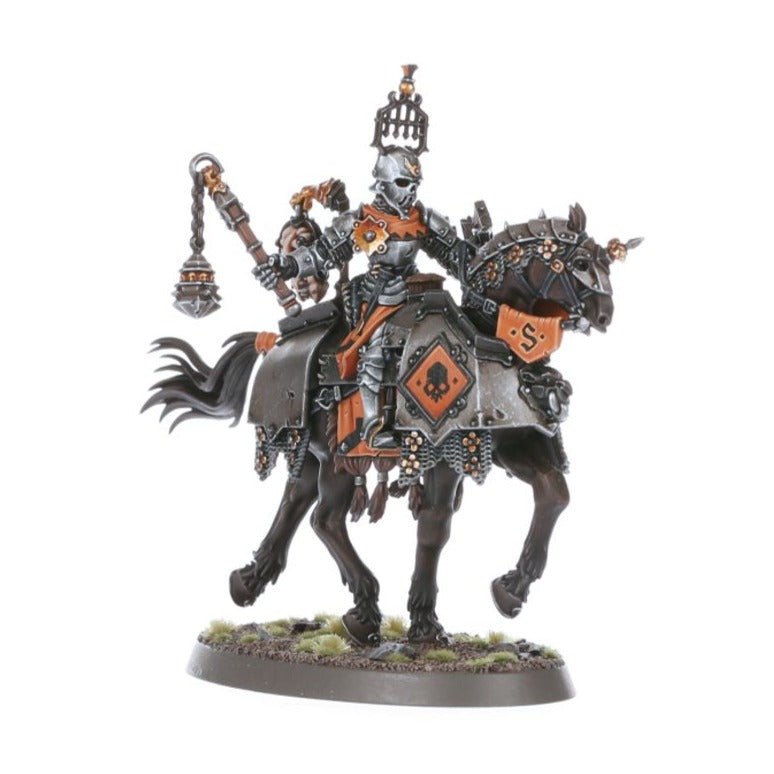 Painted Freeguild Cavalier with flail and caged helmet on a dark barded horse