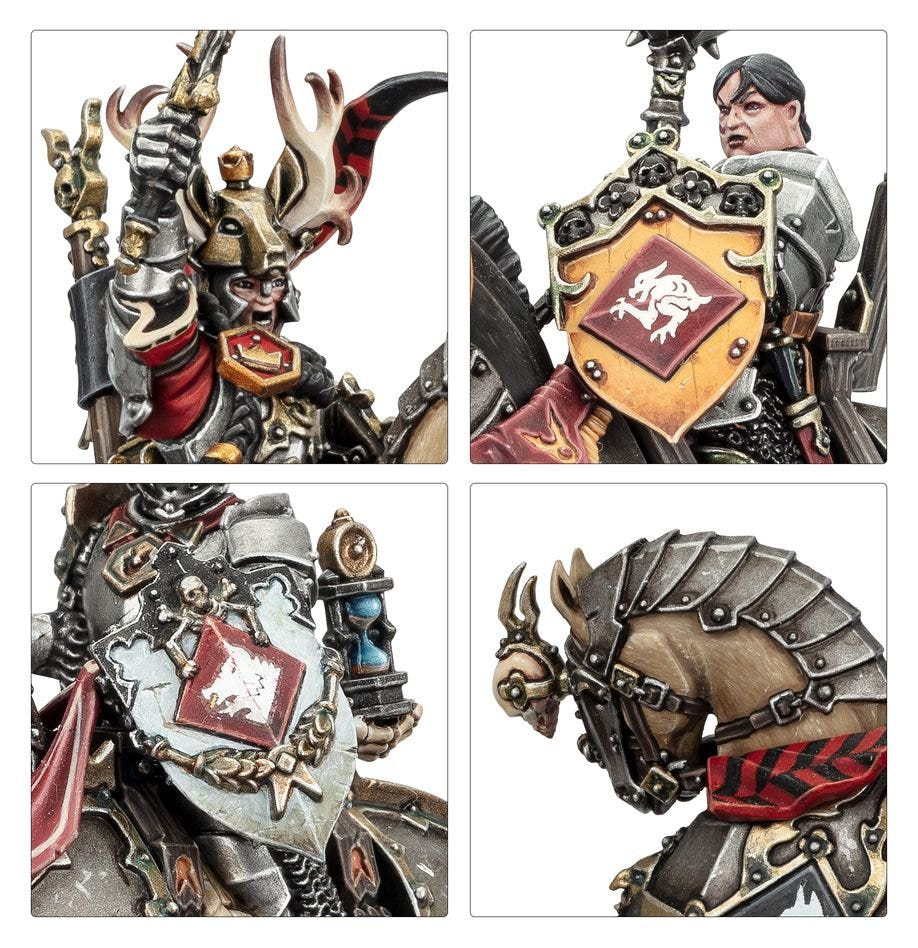 Close-up details of painted Freeguild Cavaliers: helmet crest, shield heraldry and horse barding