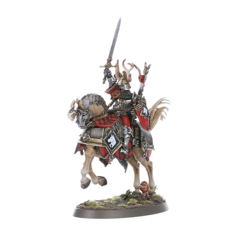 Painted Freeguild Cavalier raising a sword on a pale horse with red caparison