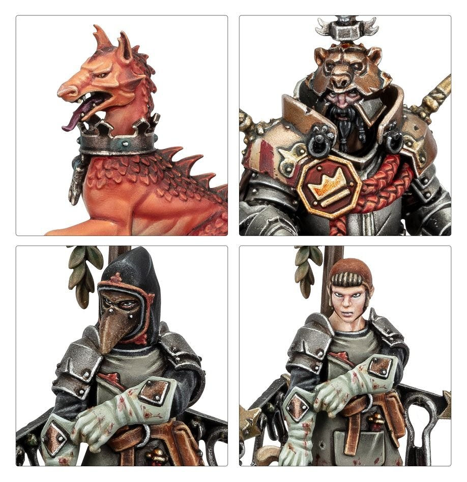 Freeguild Command Corps close-ups of the beast's head, armoured warrior and two hooded crew members