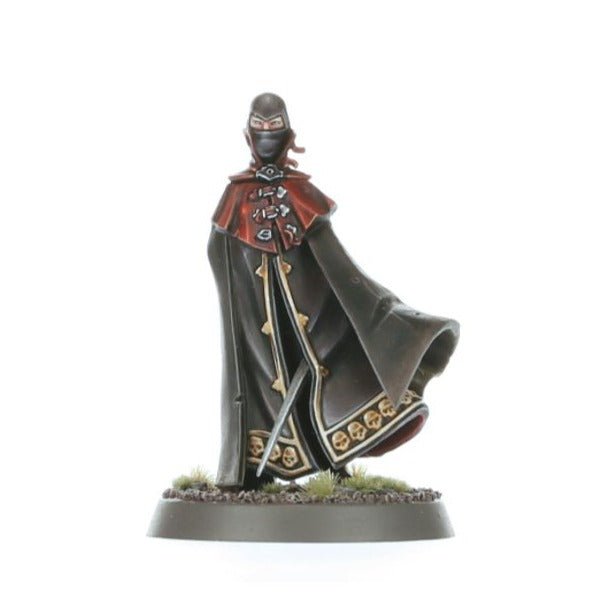 Freeguild Command Corps painted masked figure in a long black and red cloak, Cities of Sigmar