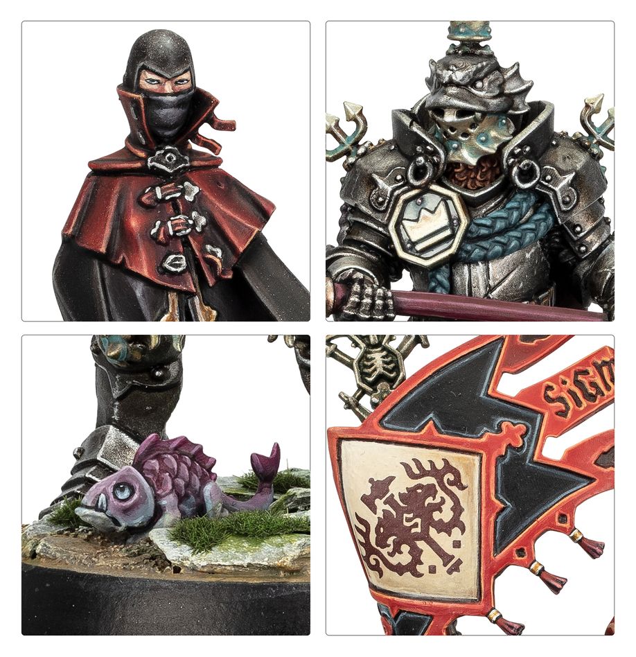 Freeguild Command Corps close-ups of the masked figure, armoured torso, base detail and heraldic banner