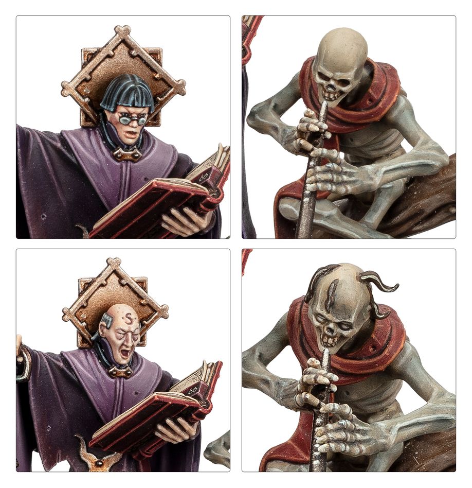 Freeguild Command Corps close-ups of the wizard's face and book and the skeletal servant's head