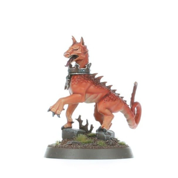 Freeguild Command Corps painted orange scaled beast on a small base, Cities of Sigmar