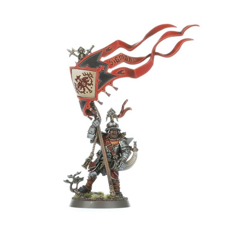 Freeguild Command Corps painted standard bearer carrying a red and black heraldic banner, Cities of Sigmar