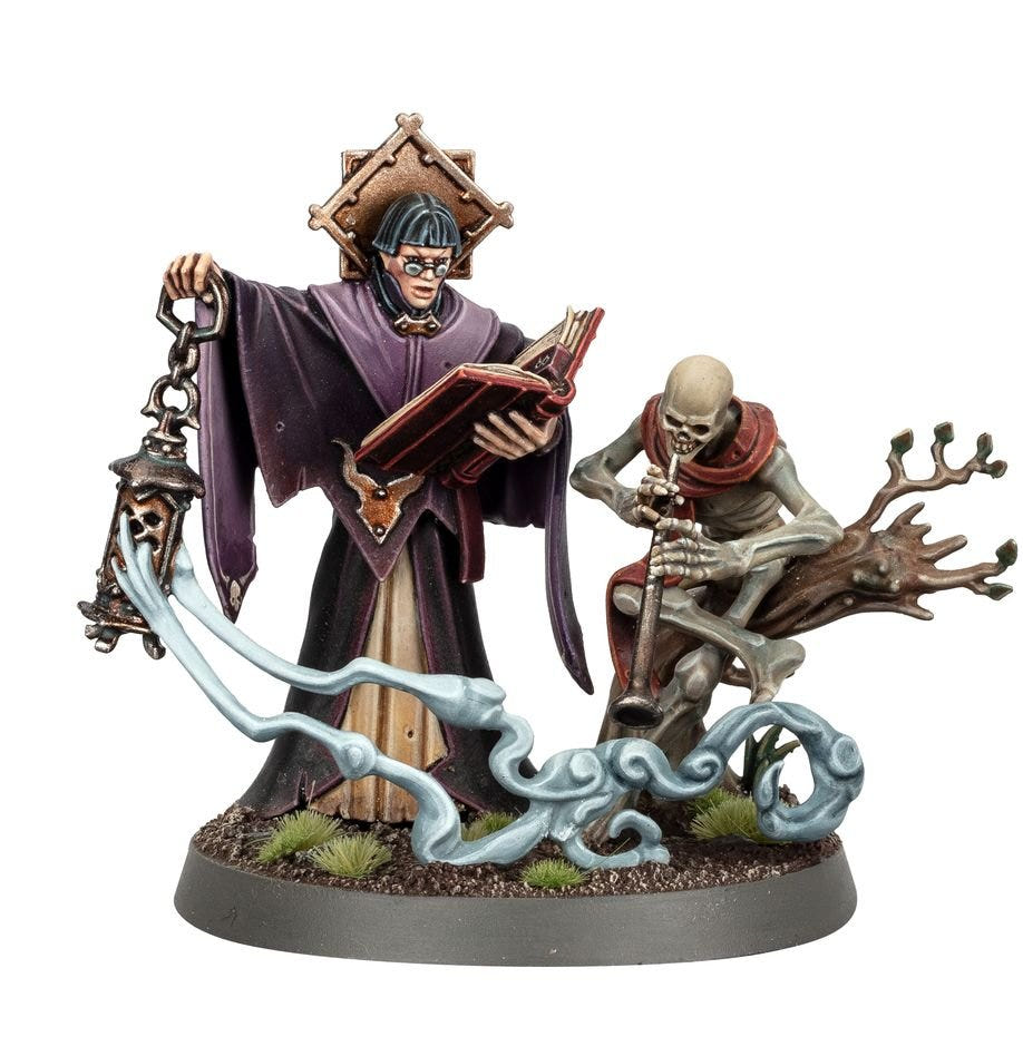 Freeguild Command Corps robed wizard and skeletal servant on their base, larger view of the painted model