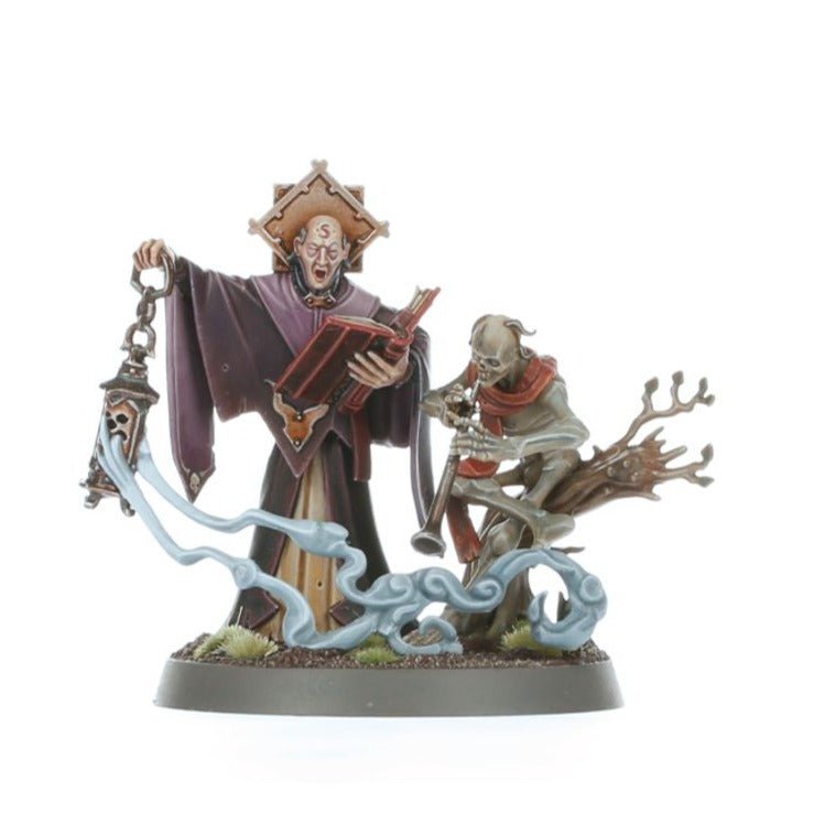 Freeguild Command Corps painted robed wizard reading a book with a lantern, beside a hunched skeletal servant