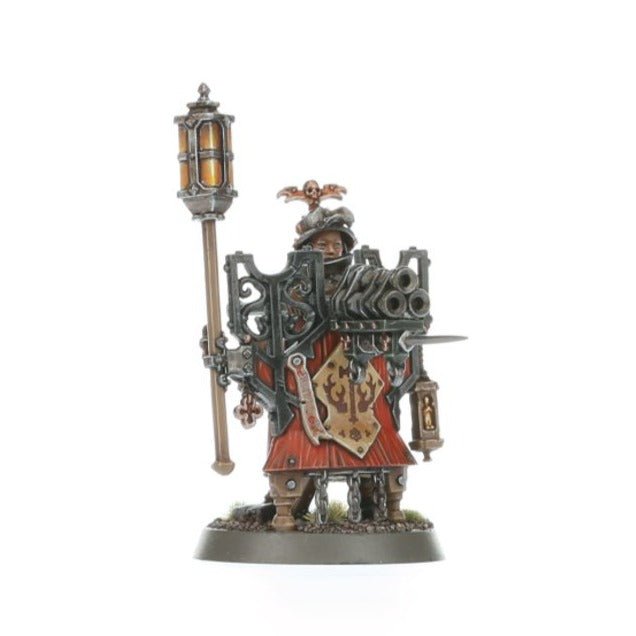 Painted Freeguild Fusilier with lantern pole behind a red pavise shield and gun rest
