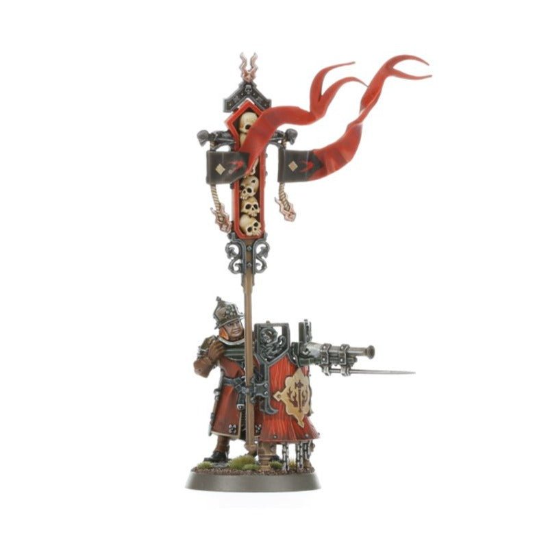 Painted Freeguild Fusiliers standard bearer with tall skull banner and red streamers