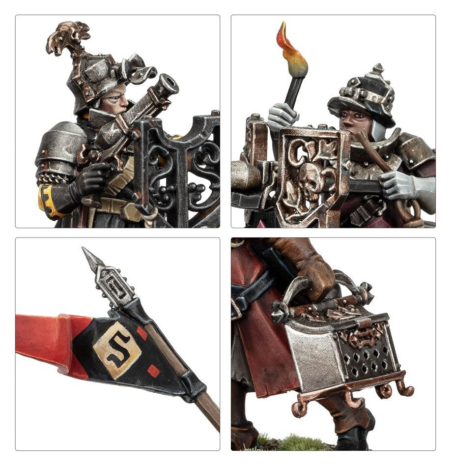 Close-ups of Freeguild Fusiliers helmets, torch, spear tip and ammunition box