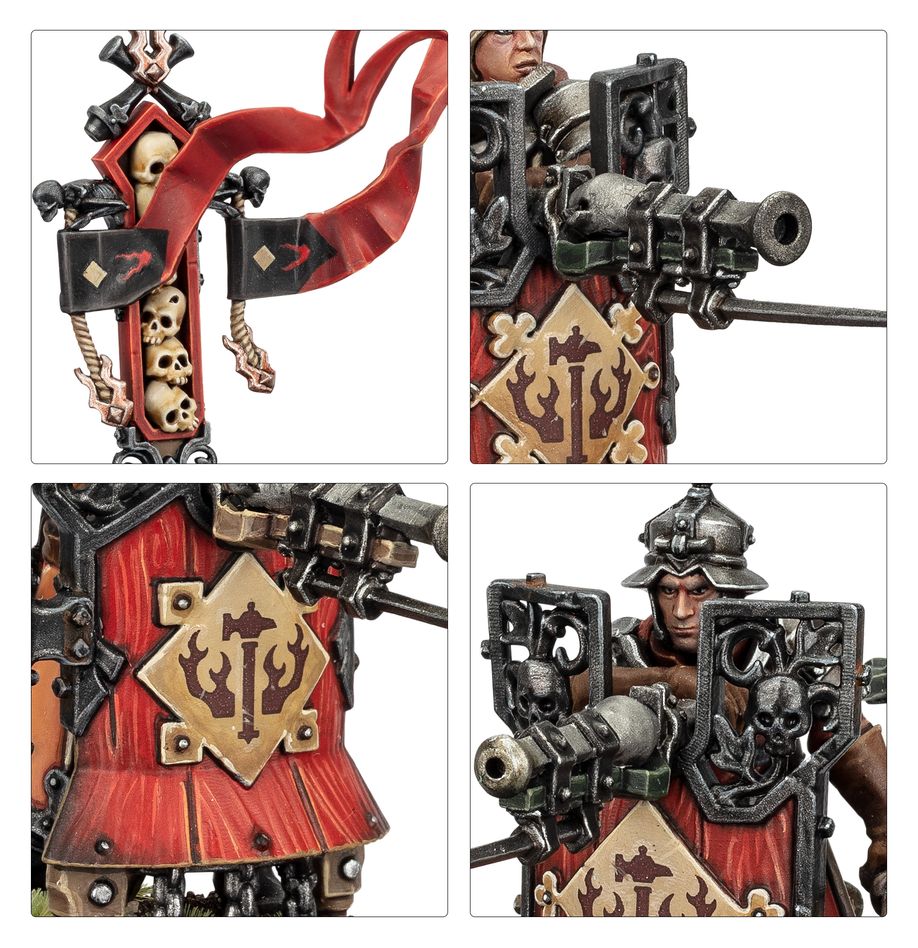 Close-ups of Freeguild Fusiliers banner, gun barrels and heraldic pavise shield